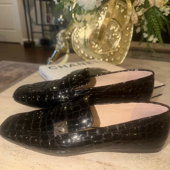 Kate Spade Black Croc-Embossed Loafers with Gold Detail - Picture 3 of 6